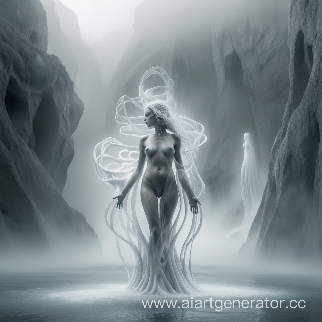 beautiful naked ghost woman surrounded by swirling water and fog and light and flowing white metal structures that vanish into a great shrouded valley
