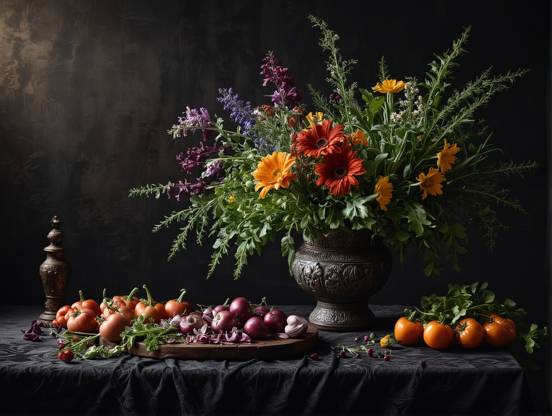 Still life with flowers in a beautiful engraved vase, vegetables and herbs, one diffused light source, an old table, dark colors, a stone draped dark velvet fabric