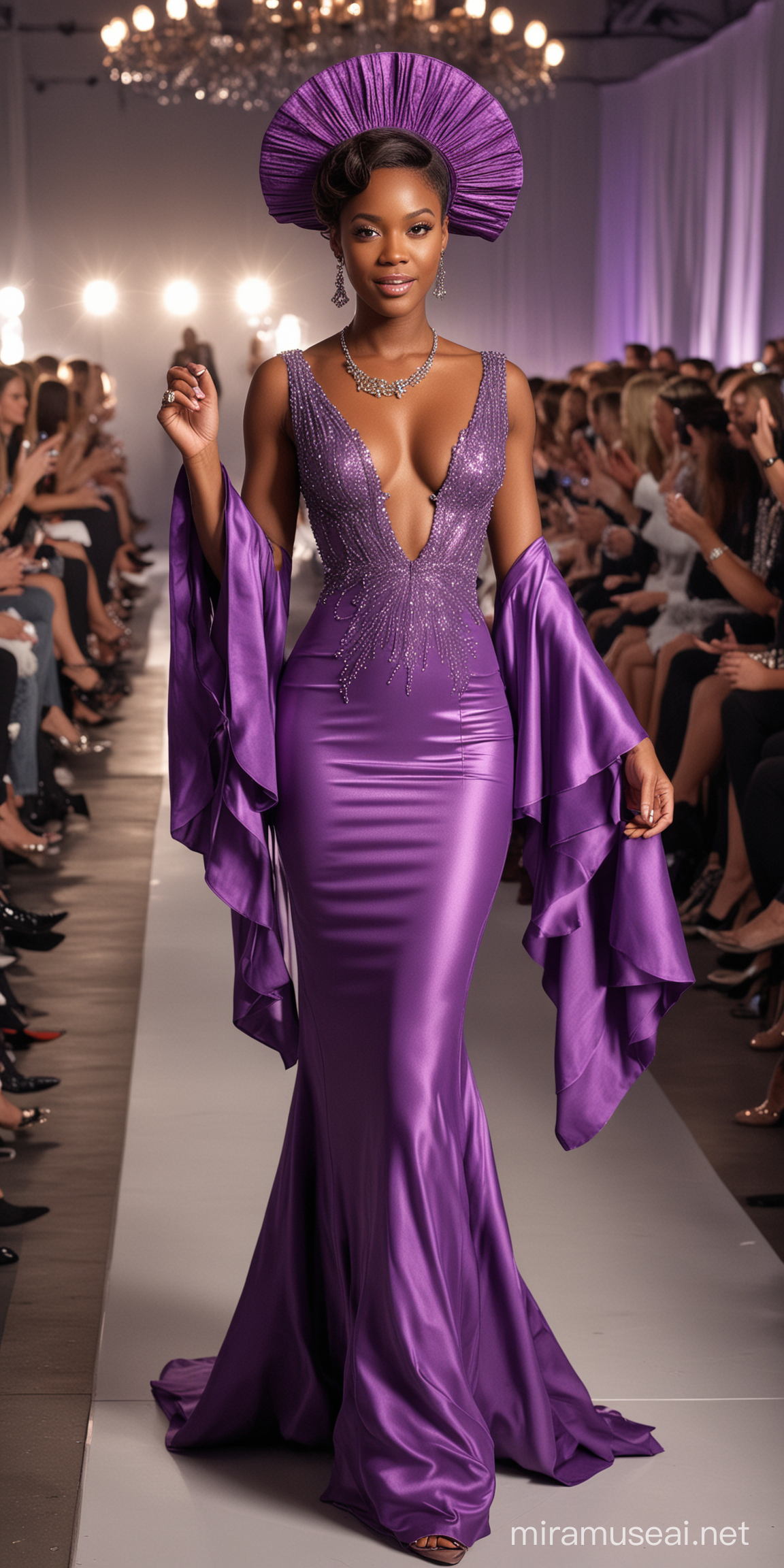 generate a 3d 4k HDR 300 Dpi full  body image of a female African American  model. with fine melanin skin tone high gloss.she  show casing her extravagant fashionable purple hat dress in a sophisticated purple maxi evening attire with bell sleeves,her hair is long and straight remy, with nice heels.must have flawless makeup and earrings.she strike a pose  on the runway  for  a glamour shot moment showing off her elegant attire, she is. in the background her audience cheers on