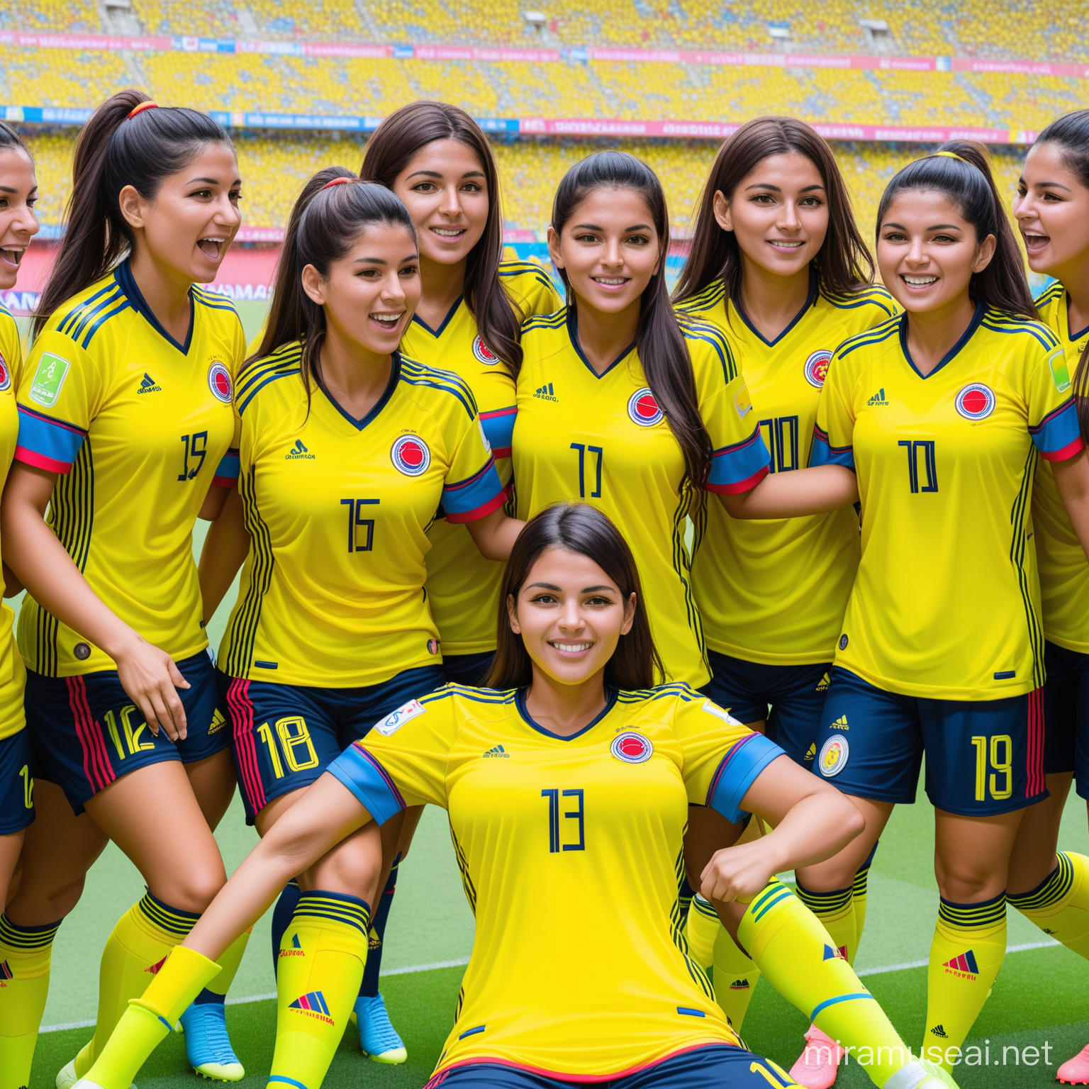 selección colombiana de futbol femenino, en un estadio de futbol llego de personas, con camiseta amarrilla