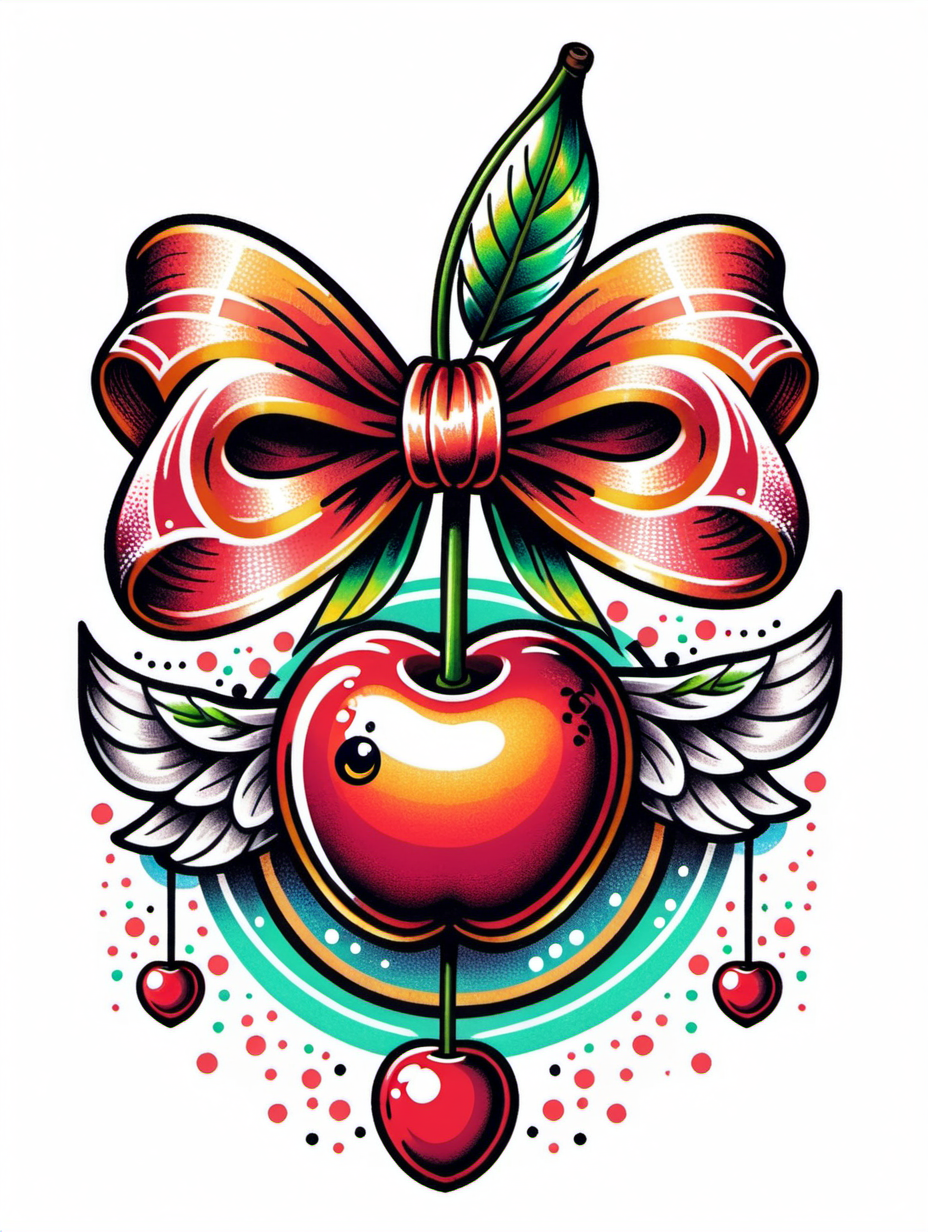 Colorful Oldschool Cherry Tattoo TShirt Design on White Background