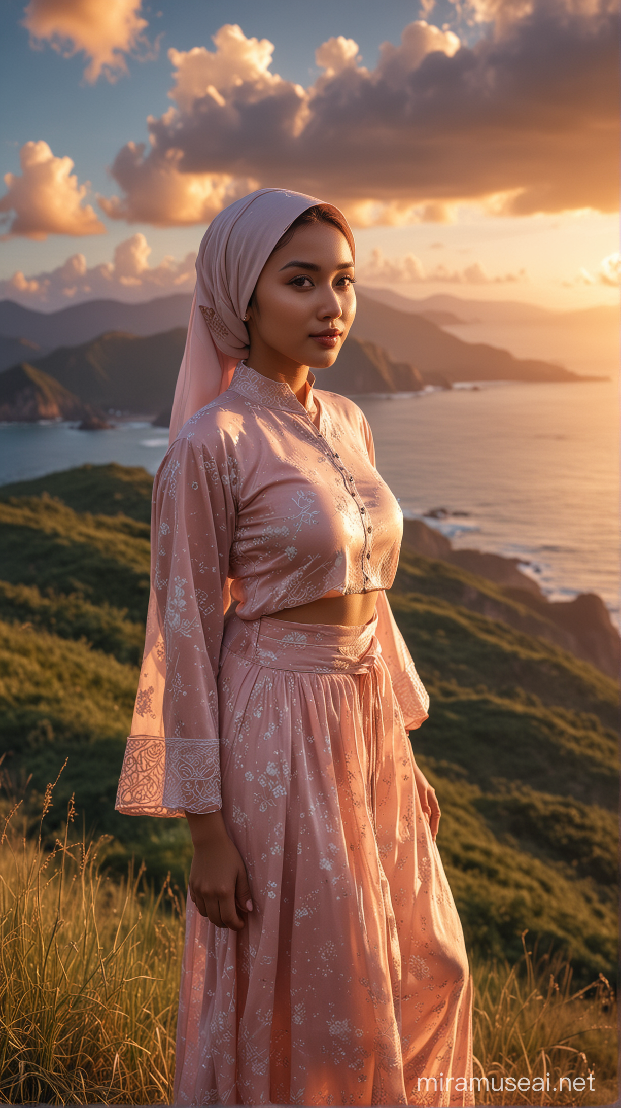 {National Geographic, (((closeup shot))), aerial photography, 3D, HDR, 16K UHD, Beautiful Malaysian female, (((standing on the hill in the sunset with an ocean background))), wear fully hijab floral pastel color loose baju kurung, cover whole body, white heels, rim light, furry body, human hand, ambient lighting, detailed face, detailed expressive sparkling eyes, looking back at viewer, symmetrical face, medium breasts, brown eyes, thin waist, wide pelvis, model body, slim body, hourglass figure, detailed fingers, full lips, red lips, (hills, valley, sea, perfect light and puffy clouds, crepuscular ray background)}