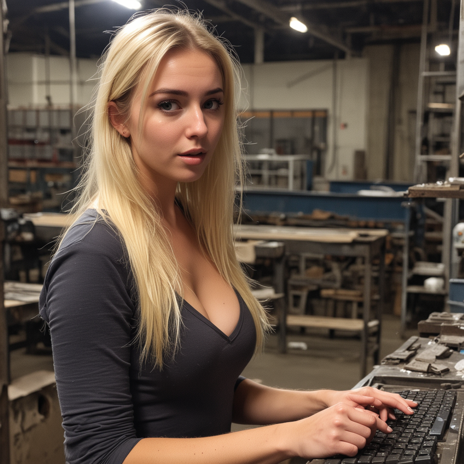 blonde working late in dark factory, nsfw, shy and shocked to be caught
