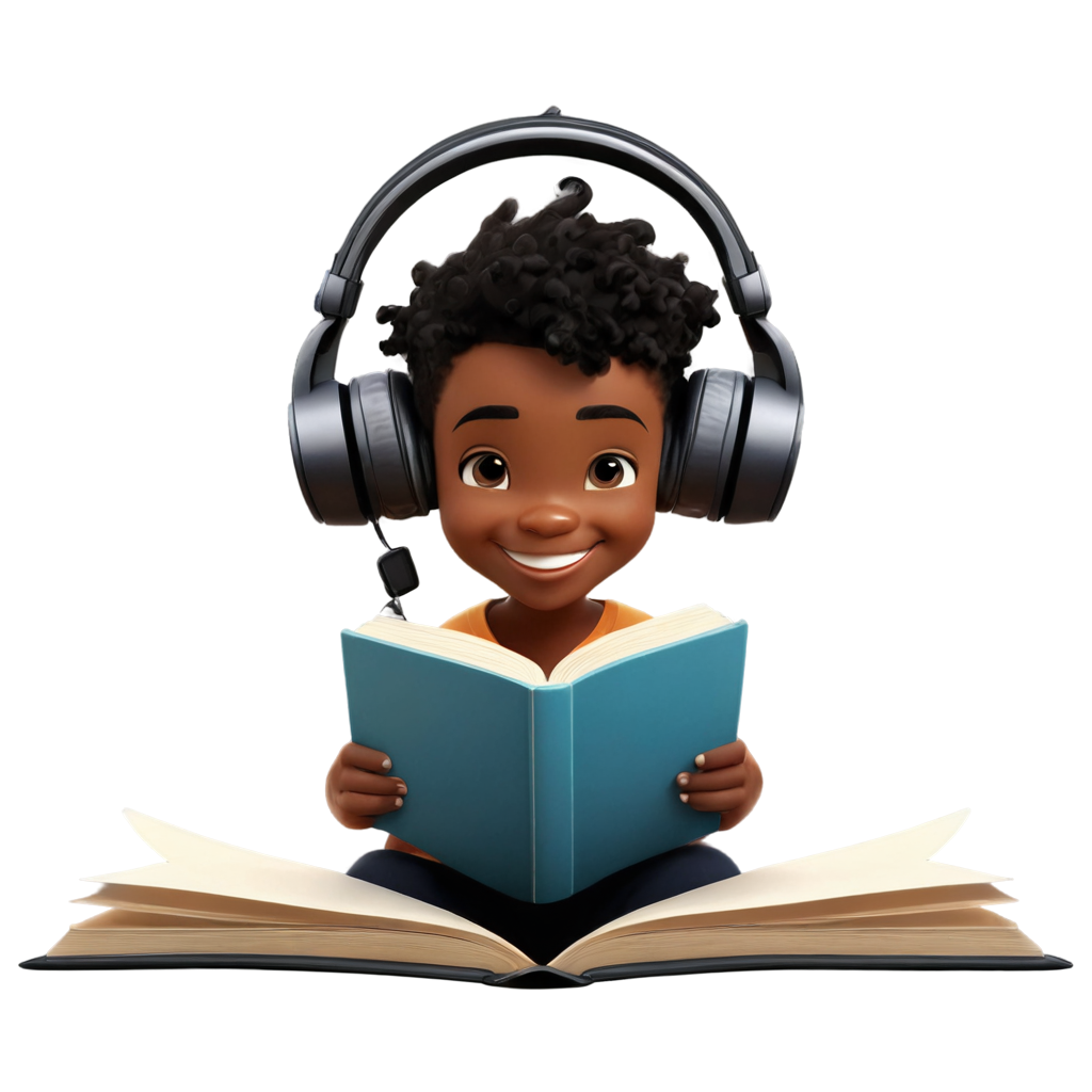 logo d'enfants avec casques audio assis sur un livre ouvert