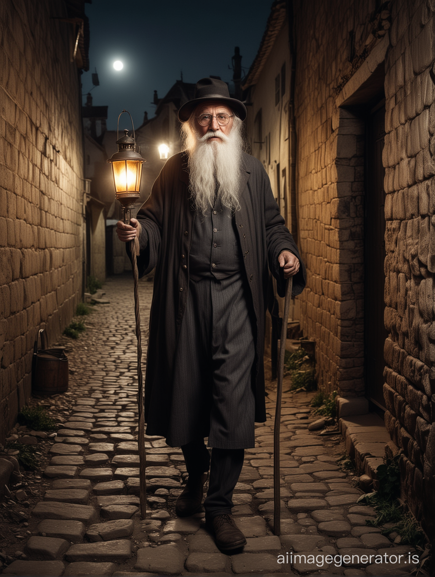un vieil homme, grand, avec une très longue barbe blanche, portant un chapeau, des lunettes rondes et petites, l'air méchant, tenant une vieille lanternee allumée en 1850, il marche dans une ruelle sombre d'un village médiéval, la photo est en couleurs
