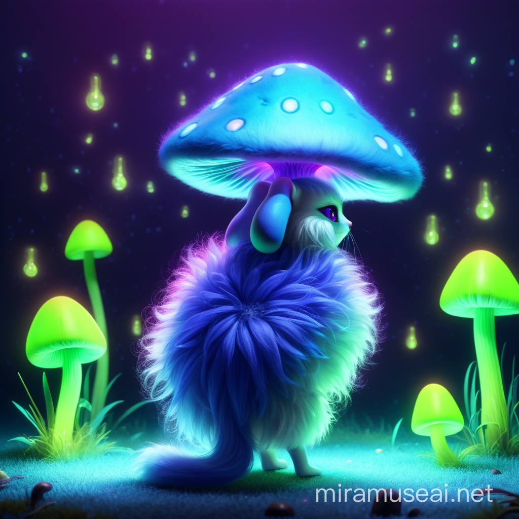 The furry little creature has long purple ears and a blue fur coat, she stands under a neon green mushroom, the air sparkles with magic