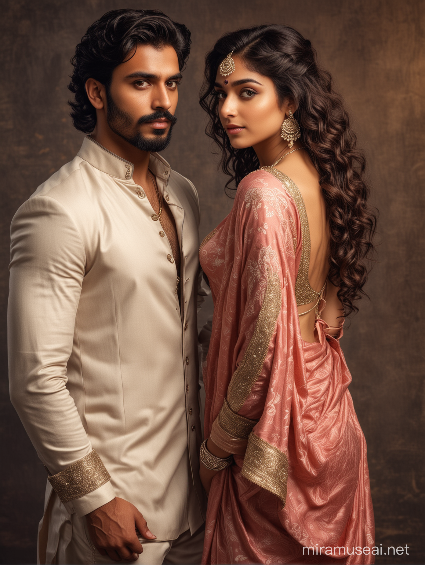 two intimate lovers, full body portrait of most handsome european man as  indian man, elegant and arrogant looks, alfa male, fashionable beard,
girl, turned away, face off, 18 years old, most beautiful indian girl, elegant saree look, low cut back, long curly hair, arrogant looks , photo realistic, 4k.