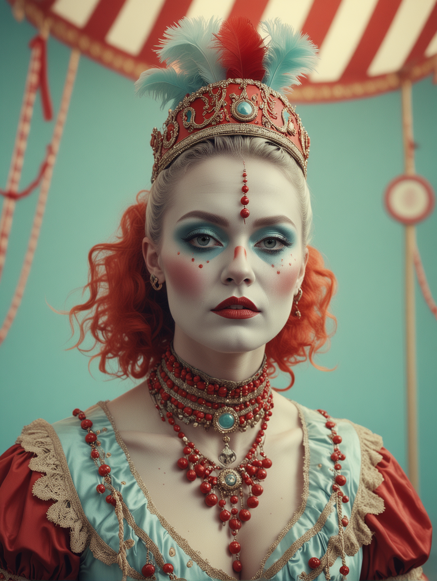 circus, in the style of whimsical yet eerie circus symbolism, light cyan and red palette, close up portraiture, nature-inspired pieces, elaborate costumes, ultra details