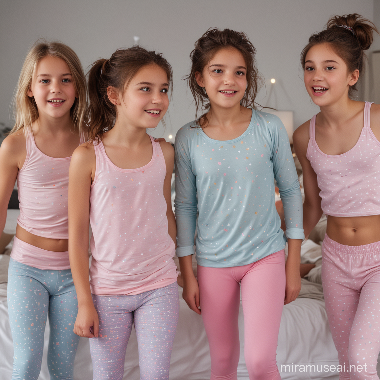 Close focus on a group of five very young girls of 8 to 12 years, short and slim but one anädancing to a song at a sleepover in  a sleeping room with girly interior and furniture, beeing of mixed european and turkish origin, wearing skinny tight pastell capri leggings and volorful pyjama tops or shirts, sweaty and used from dancing, looking energized and extatic, very detailled fave and eyes, expressive yes, dark messy unkempt hair open or ponytail,  realistic image, realistic skin and clothing texture, ultra high definition, masterpiece, raw natural image, natural light and ambience, very detailled image.