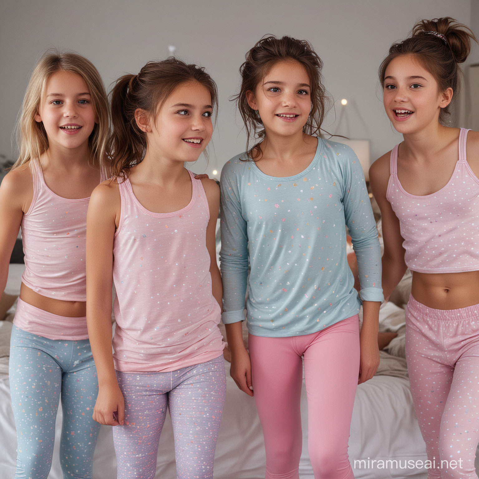 Energetic Tween Dance Party Vibrant Sleepover Scene with Mixed Heritage Girls