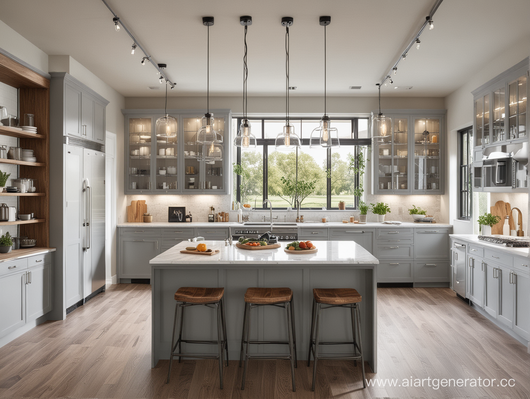 Сгенерируй красивую современную кухню в стиле лофт с стеклянными витринами и подсветкой. 
