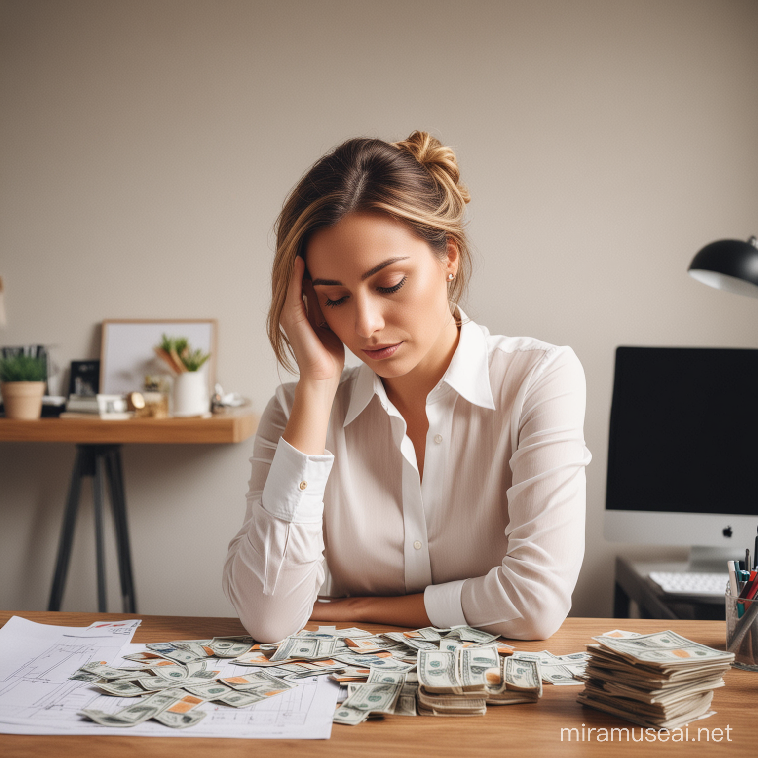 AN IMAGE OF A MAN OR LADY THINKING OF HOW TO PLAN THE MONEY ON HER DESK