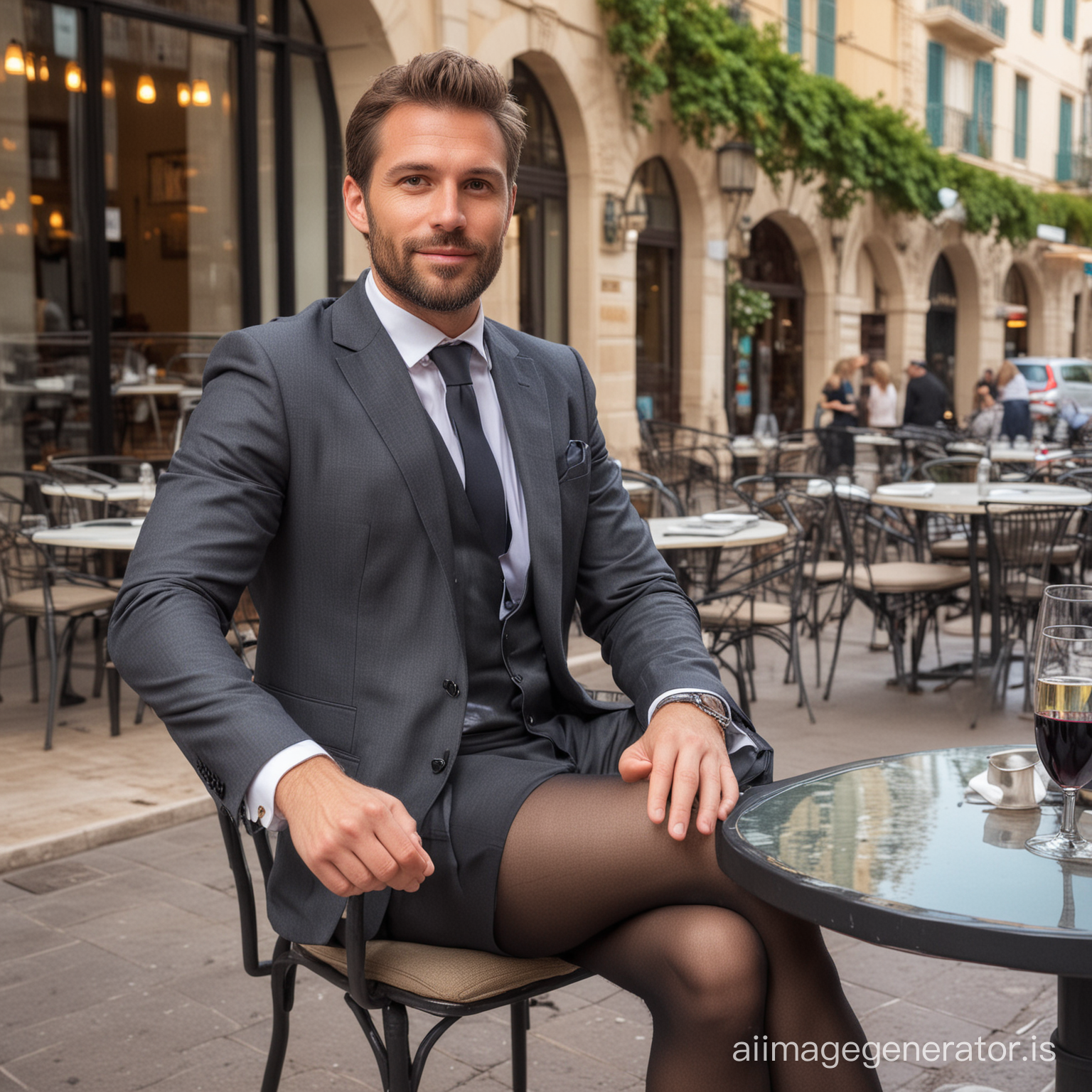 Handsome rugged scruffy well-built 32-year old business man wearing sheer tights sitting on a chair at a table of a streetside café in Monaco and drinking wine