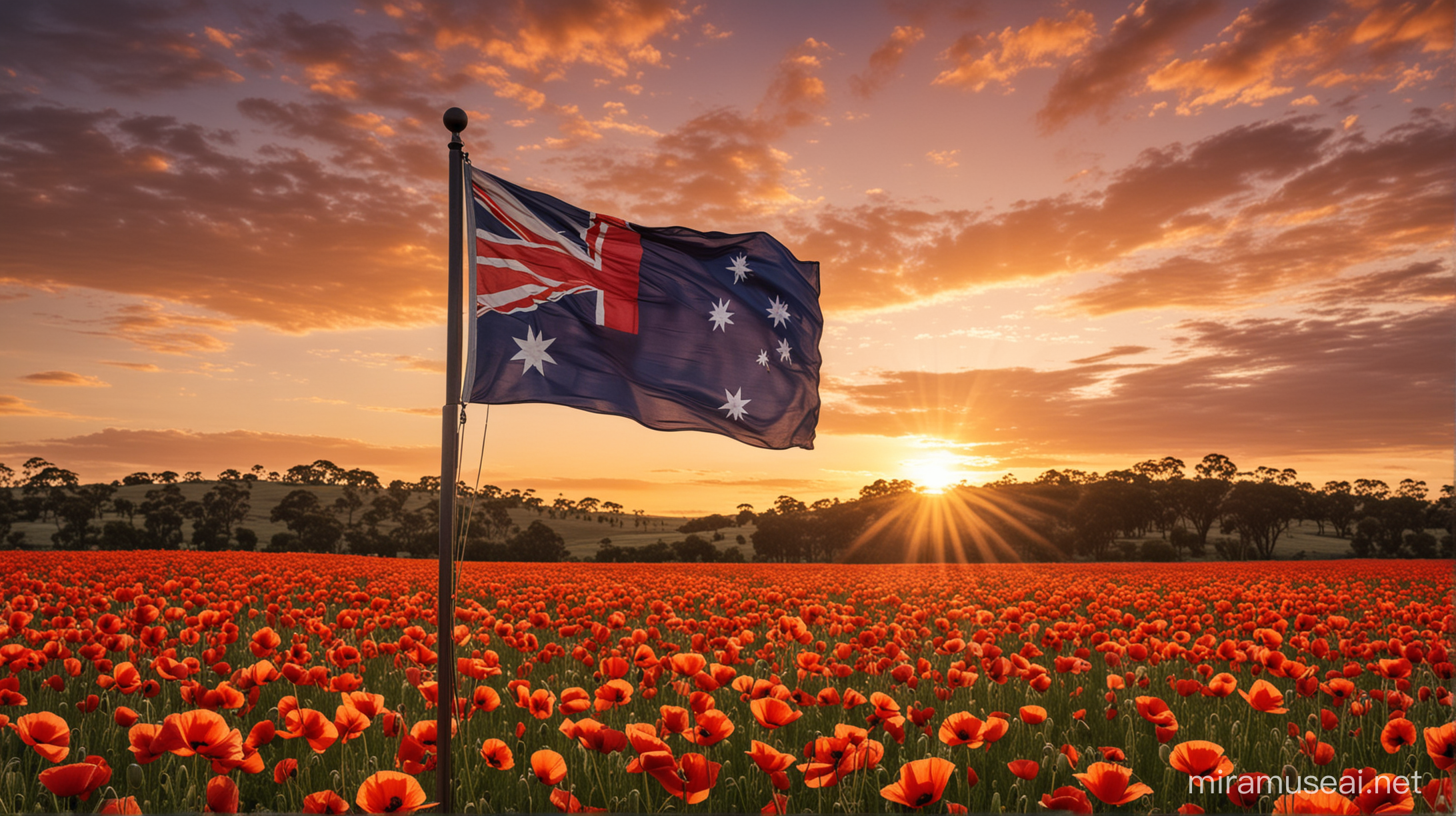 australian flag over poppy field with sun setting in the background