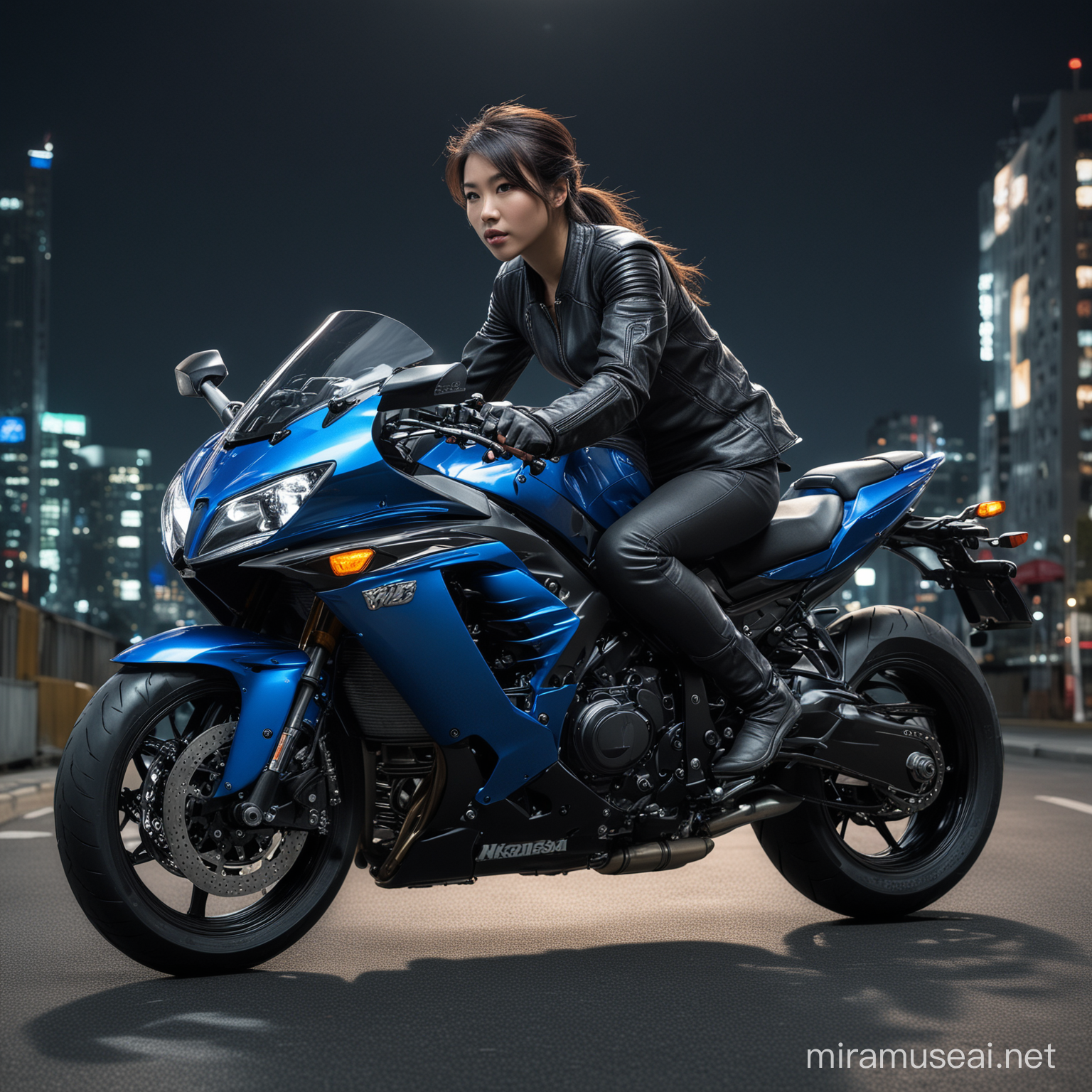Creates a realistic image of a beautiful Asian sitting on a sleek blue Kawasaki Ninja 1000RR sports motorcycle at night. Individuals wear black leather jackets, adding to the urban and modern aesthetics of the landscape. The bright blue color of the motorcycle stands out against a dark background. Ambient city lights illuminate the surroundings, creating a contrast of light and shadow, 800mm lens, realistic, hyperrealistic, photography, professional photography, immersive photography, ultra HD, ultra high quality, top quality, medium quality, HDR photo, focus focus, deep focus, very detailed, original photo, original photo, very sharp, nature photo, masterpiece, award winning, shot with Hasselblad X2D