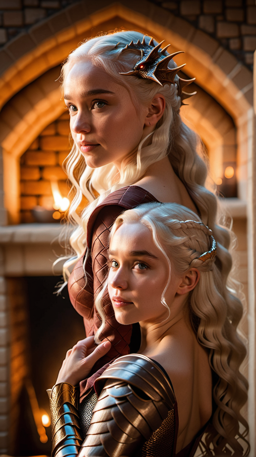 daenerys, dragon on shoulder, warm room, golden hour, in castle, fireplace backround,