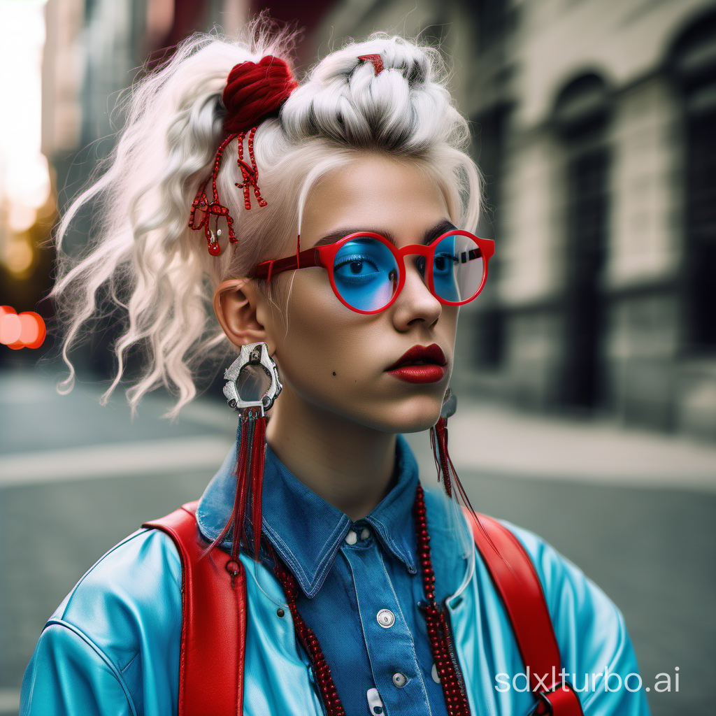 A white teenage girl on a city street with a bizarre hairstyle, blue strands in her blonde hair, round glasses with red glasses, large round earrings in her ears, jewelry on a leather cord, a strange bright outfit