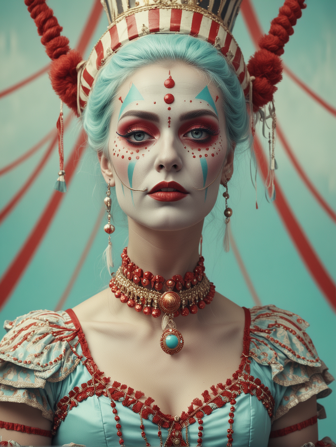 circus, in the style of whimsical yet eerie circus symbolism, light cyan and red palette, close up portraiture, nature-inspired pieces, elaborate costumes, ultra details