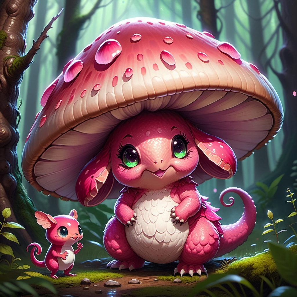 **a sexy pink kobold girl stands beside giant mushroom. She leans and bends holding onto the stem and looks behind and around the mushroom. She winks and smiles knowingly as she hides from an approaching baby owlbear.