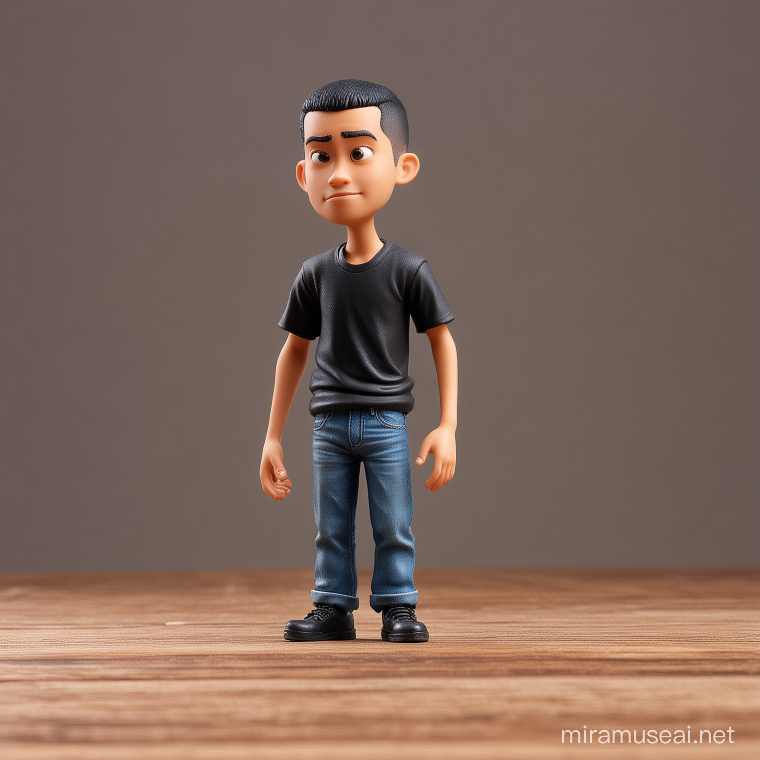 An Indonesian young man clean face buzz cut wearing black t-shirt standing in the table miniature 1/32, pixar character 