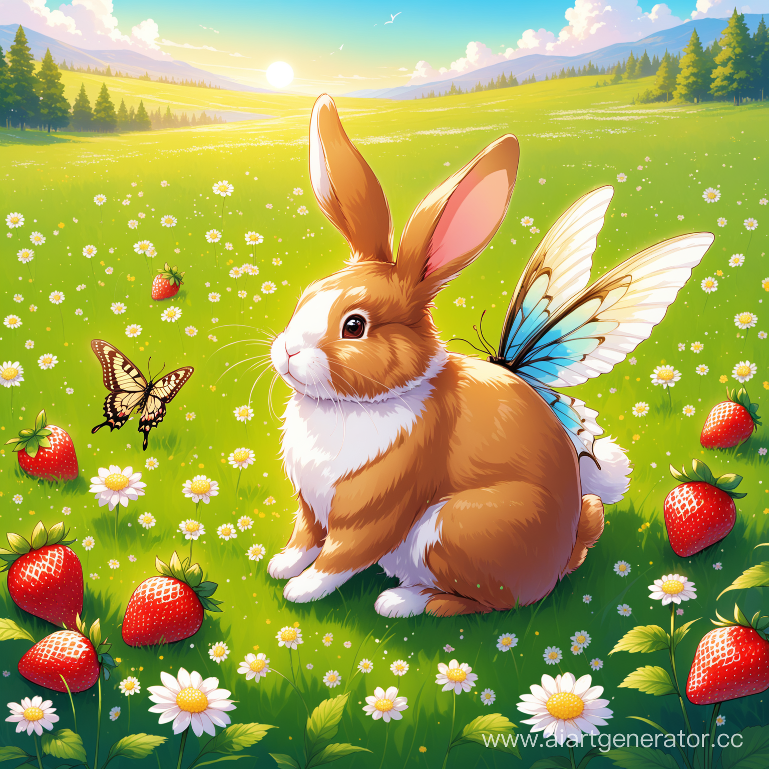 A rabbit with wings like a swallowtail butterfly. He sits in a meadow and chews strawberries