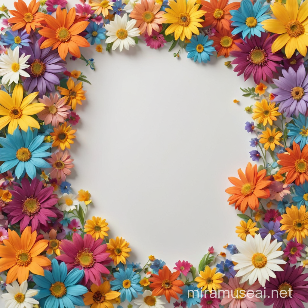 invitation for a flower power party with a cascade of multicolour flowers on the left side of the frame. white