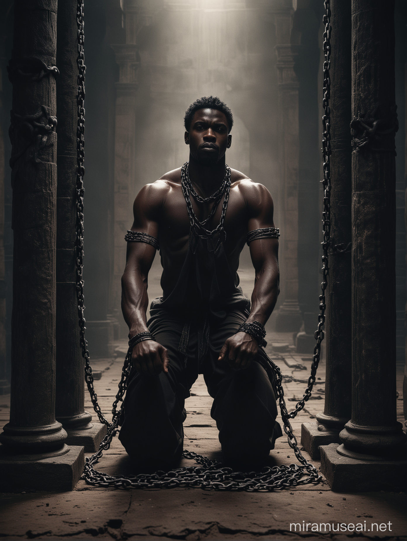  A strong black African man, bounded my chains on both hands against two pillars, kneeling down between two pillars, dark cinematic background