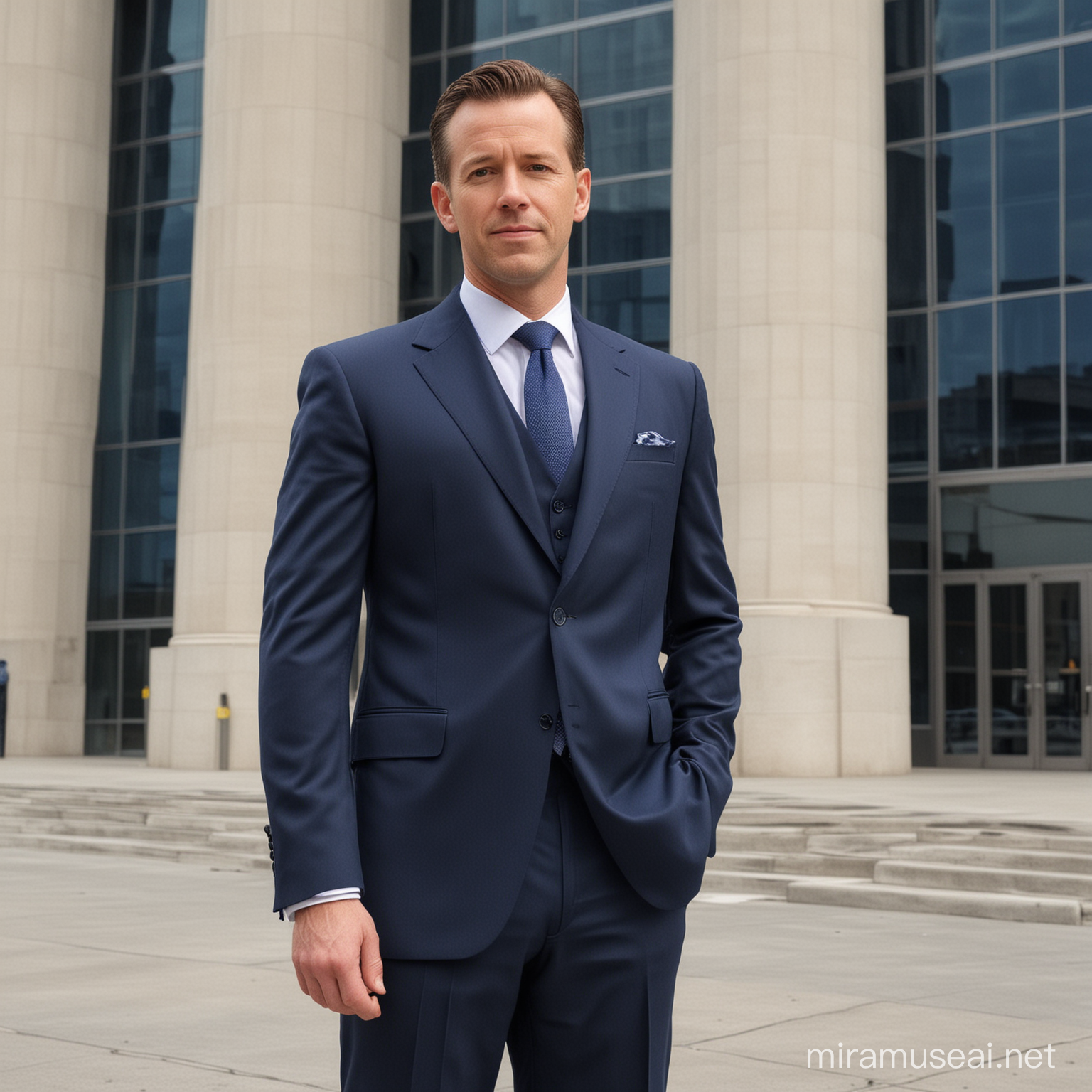 photo of a white male age 47 that is wearing a navy blue suit and standing in front of a large building



