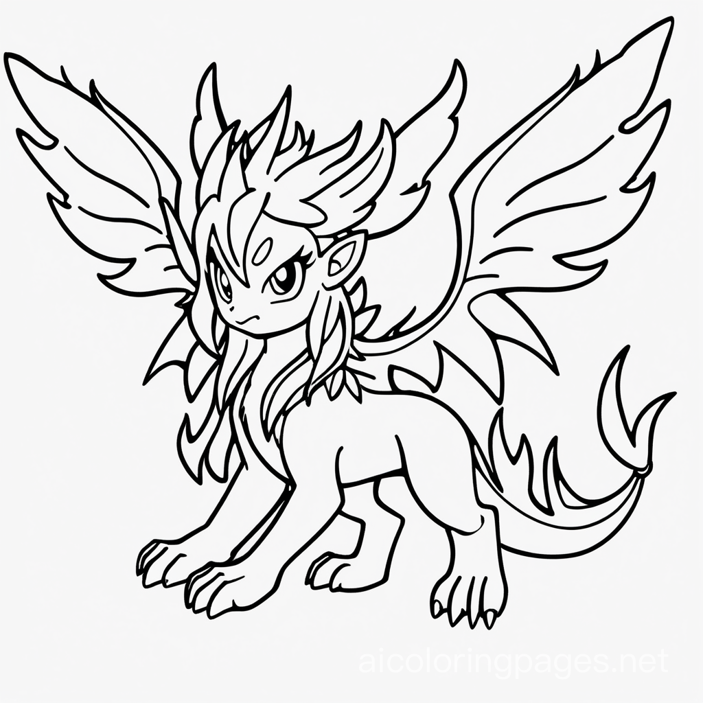 A fire and fairy type that looks like fairy x dragon hybrid, Coloring Page, black and white, line art, white background, Simplicity, Ample White Space. The background of the coloring page is plain white to make it easy for young children to color within the lines. The outlines of all the subjects are easy to distinguish, making it simple for kids to color without too much difficulty