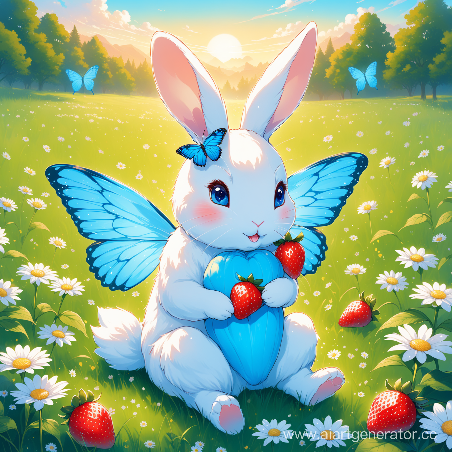 A white rabbit with wings like a blue morph butterfly. He is sitting in a meadow and chewing strawberries