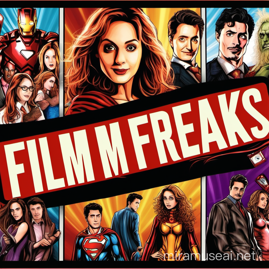 A YouTube channel cover for the name "Film Freaks" featuring only superman, Harry potter ، iron man and a sexy hermione