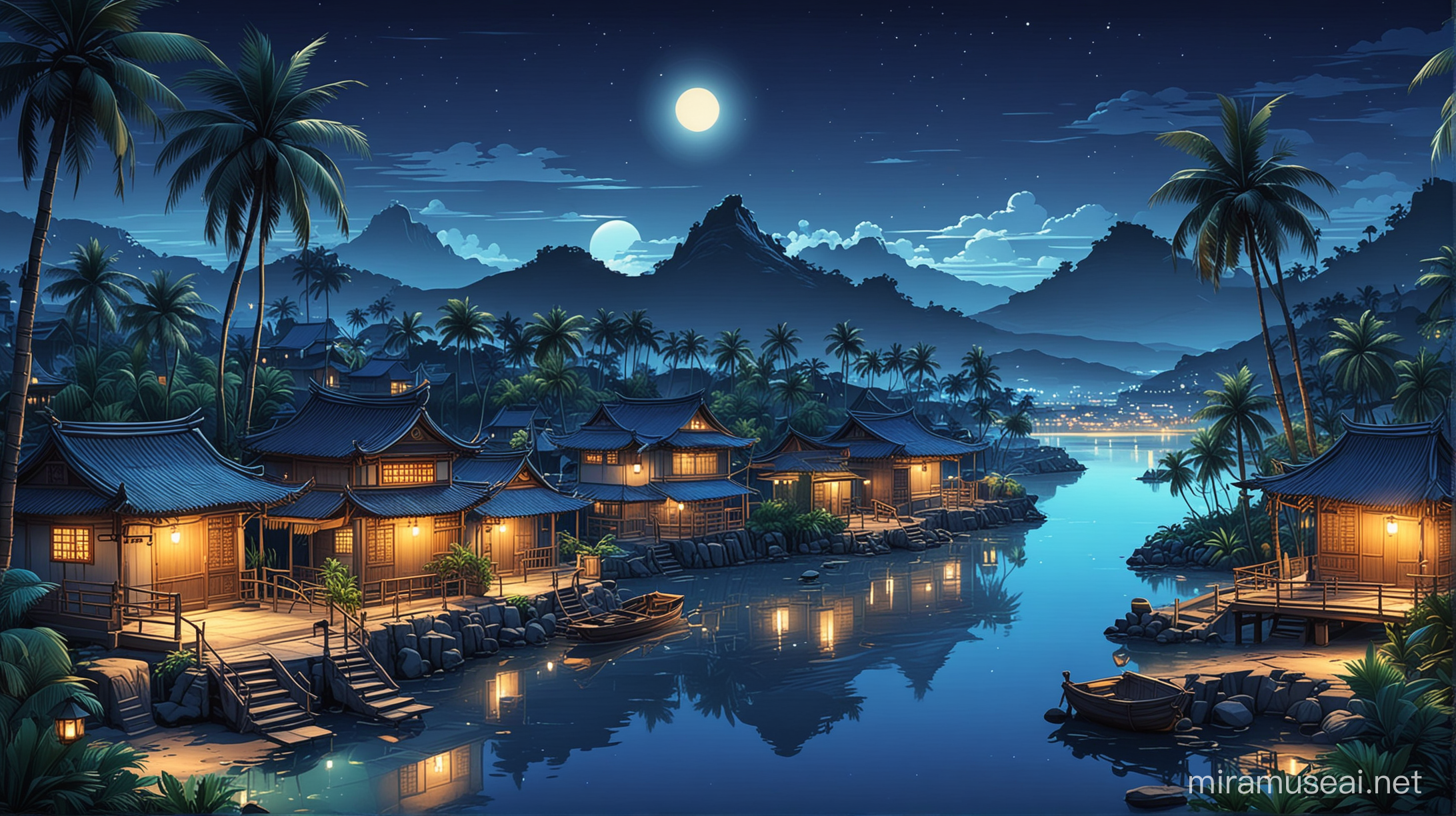 Cartoon Asian Village Night Scene with Palm Trees