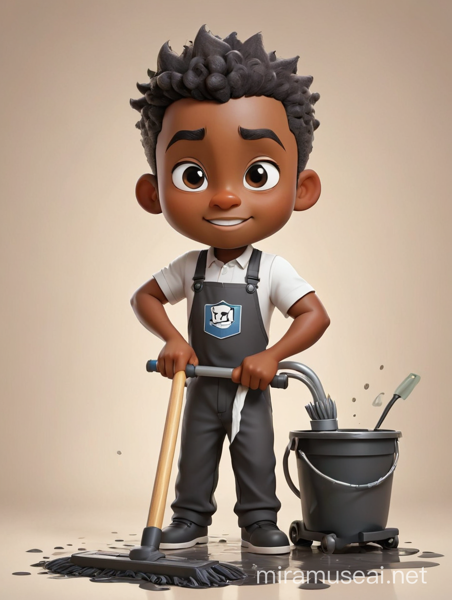 Create a cartoon logo of a cleaning business with a black chibi man mopping the floor