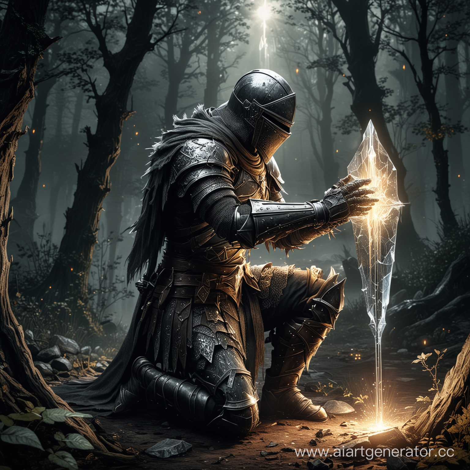 Рыцарь из дарк соулс стоит на коленях, в руках у него хрустальная светящийся осколок , вокруг него темный лес, который озаряется светом осколка