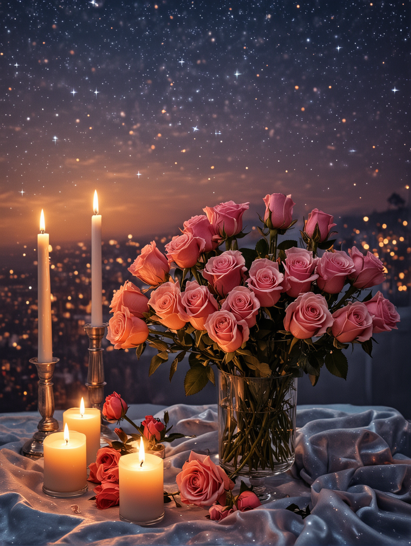 Romantic Evening Under Starry Sky with Candles and Roses