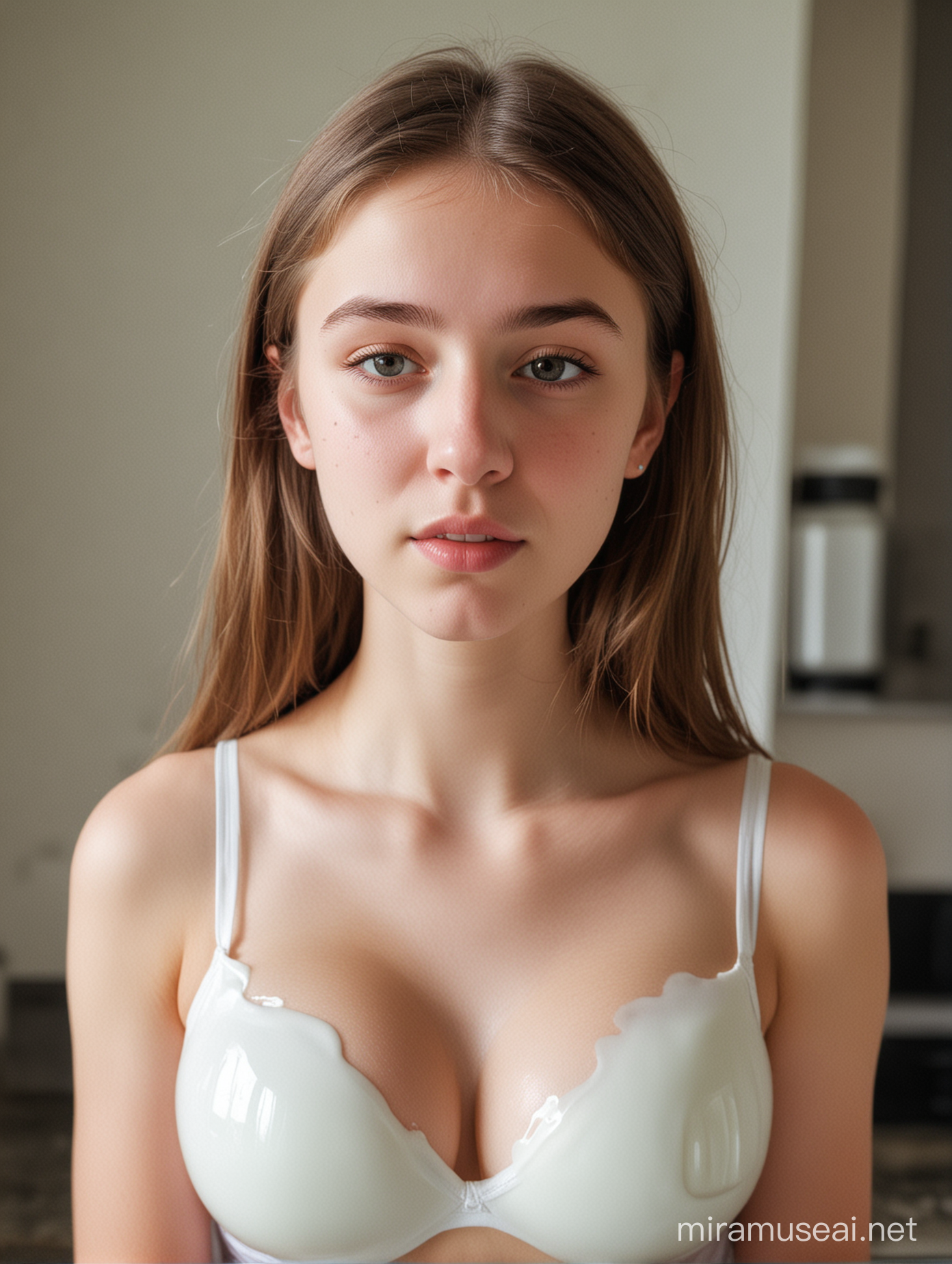 Teen Girl with Spilled Milk on Cleavage in Kitchen Mishap