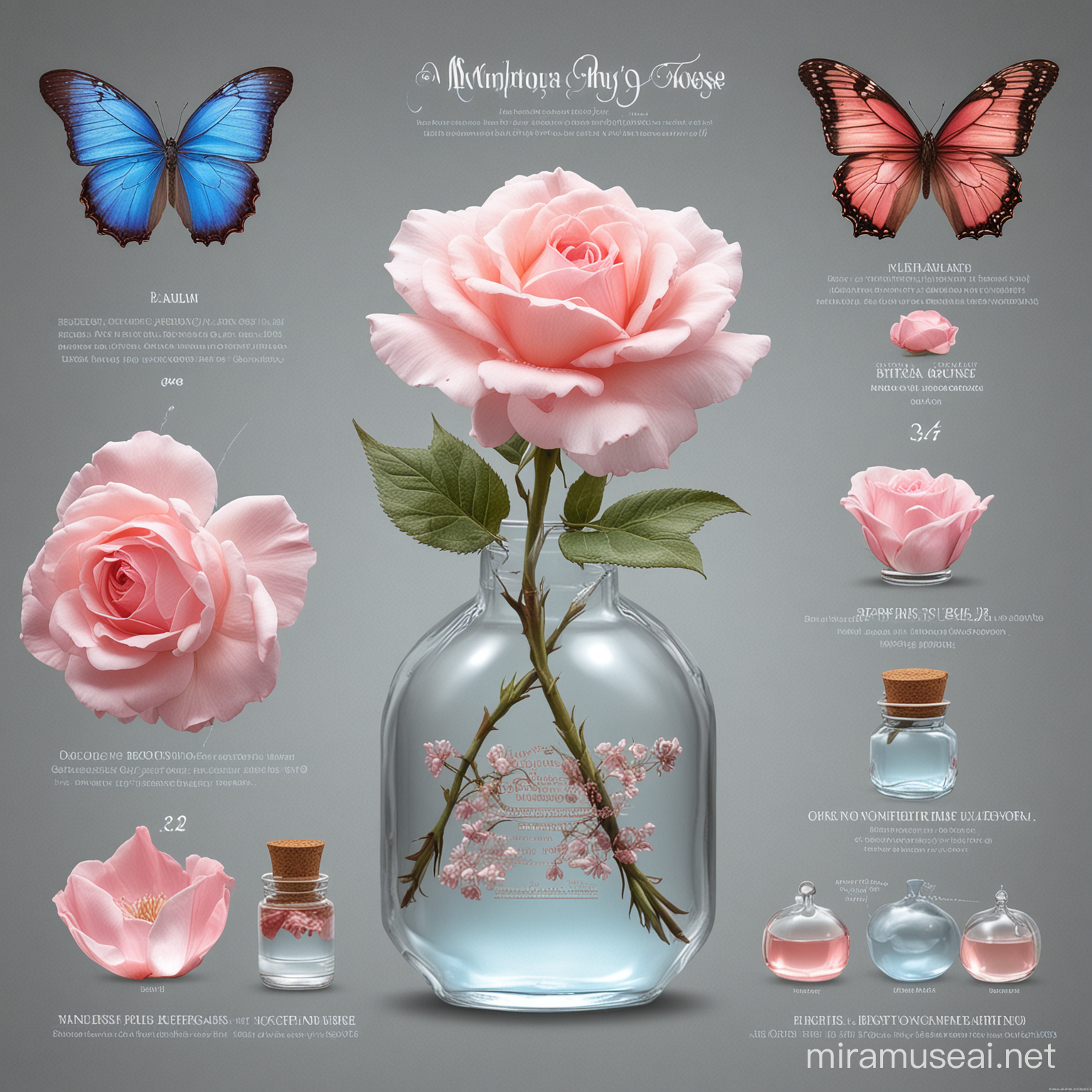 infographic of one morpho rose, specimens of heavenly rosy cloud petals roses, very delicate and beautiful roses, specimen, clear medicine bottle, FINAL FANTASY 10, crystal decoration, lithograph, lots of information, good design sense, highly detailed