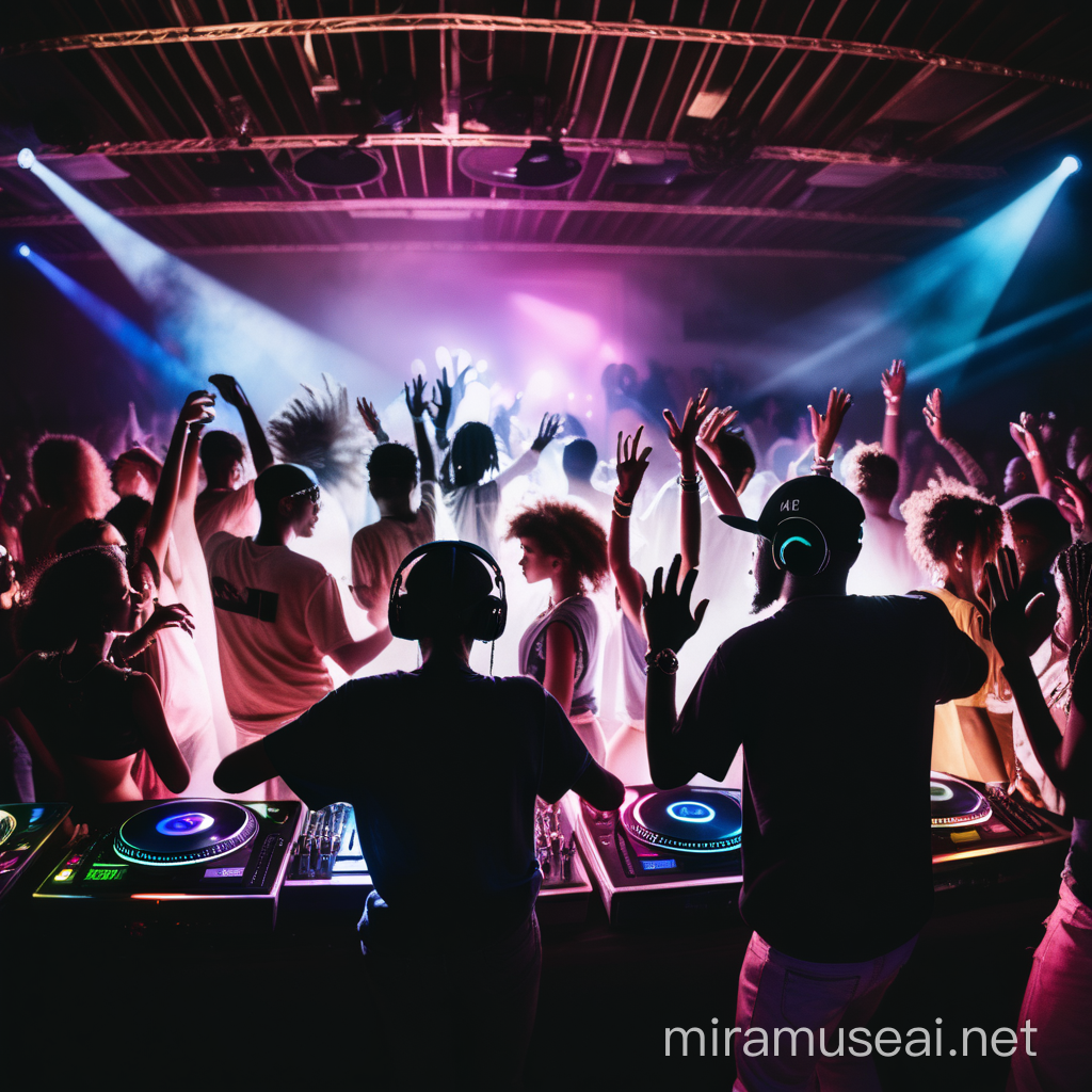 a multi-ethnic club, people dancing, dancehall, dj, blurred people dancing, dark lights, silhouettes of people and dj, view from dj console