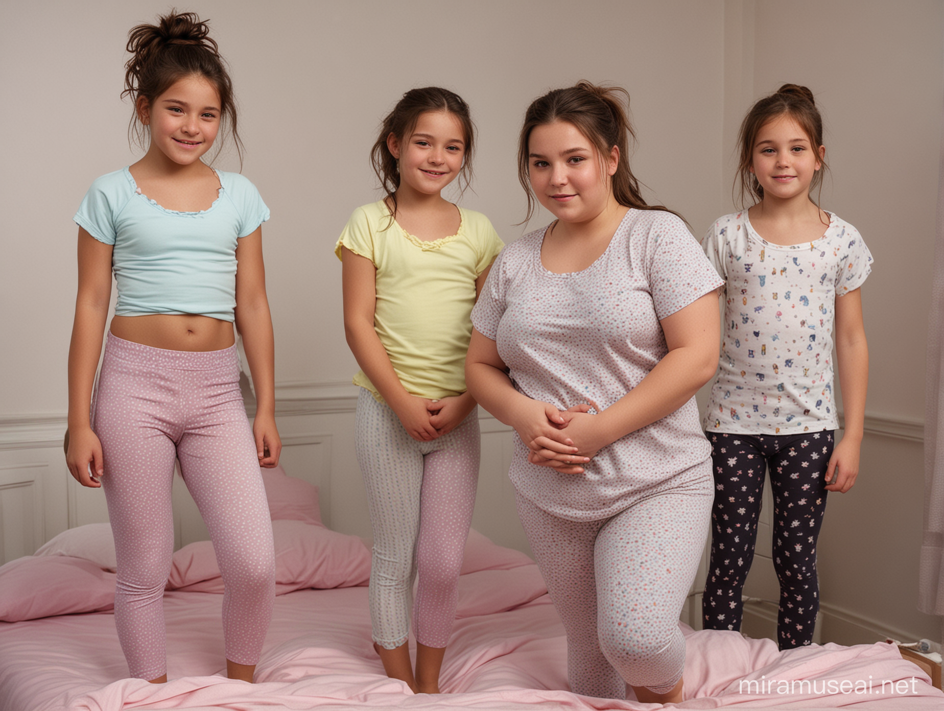 Close focus on a group of five very young girls, age 7  and 9 and 11 and 13, slim and shirt girls but one a bit slightly chubby or curvy, very derailled face and eyes with expressive eyes, dark brown or black hair open or ponytail messy and unkempt, wearing skinny tight pastell colored capri leggings with pattern and short cropped pyjama tops or shirts, bare feet or socks, dancing or hugging close together on a sleepover party in a friends sleeping room with bed and furtniture, looking sweaty and exhausted but with extatic and happy expression, some showing front some side or back, facing eachother showing front or some side,  realistic image, realistic skin and clothing texture, ultra high definition, masterpiece, raw natural image, natural light and ambience, very detailled image.