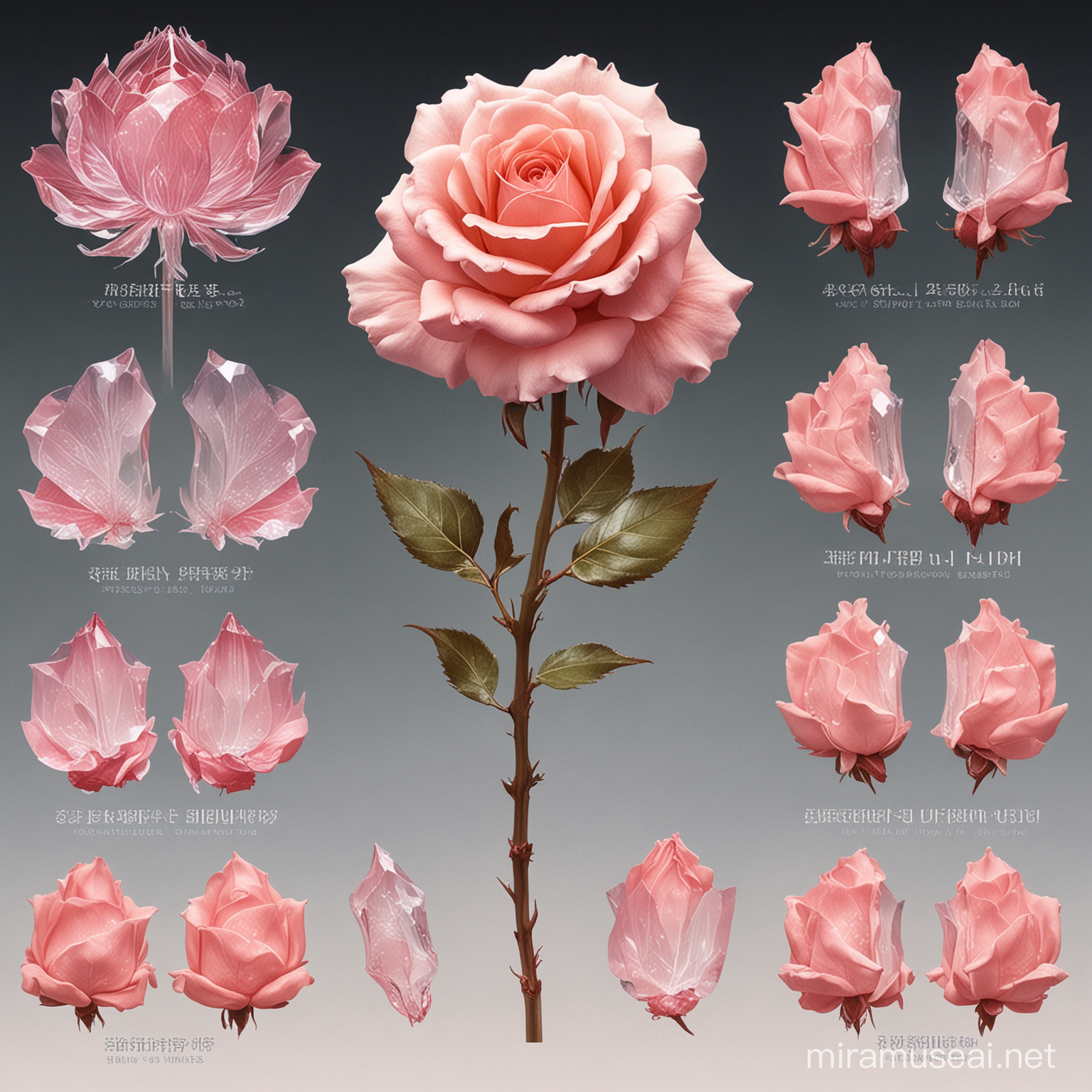 infographic of one morph rose, specimens of heavenly rosy crystal petals roses, very delicate and beautiful roses, specimen, FINAL FANTASY 10, crystal decoration, lithograph, good design sense, highly detailed