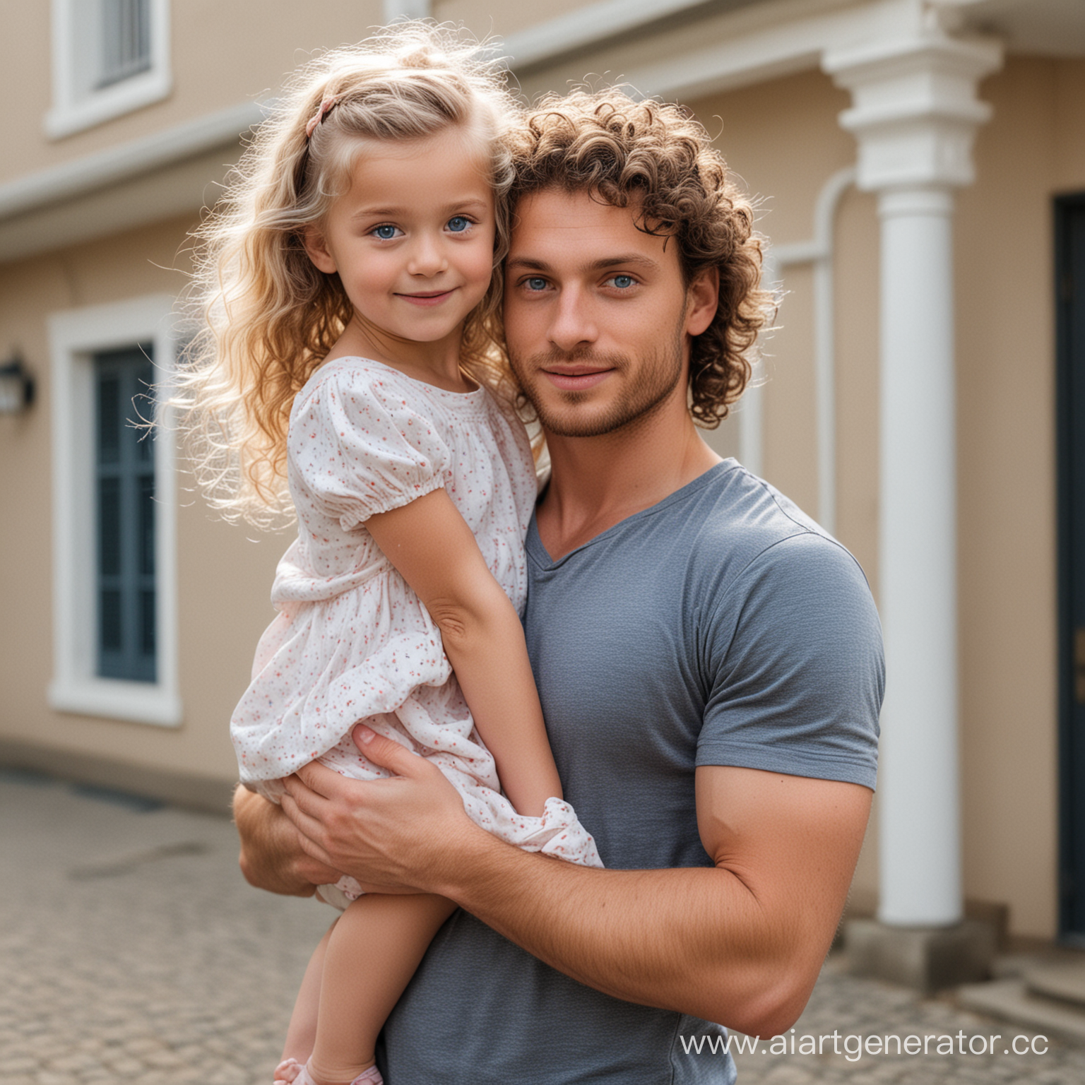 высокий молодой кудрявый парень с голубыми глазами держит на руках маленькую девочку со светлыми прямыми волосами. Стоят около дома 
