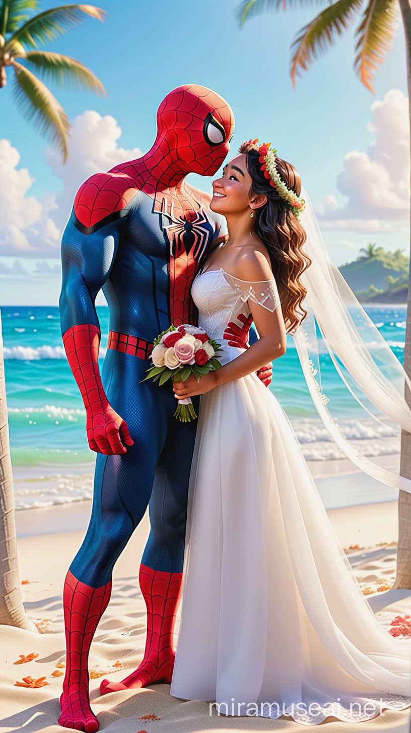 Spiderman and Moana getting married on the beach