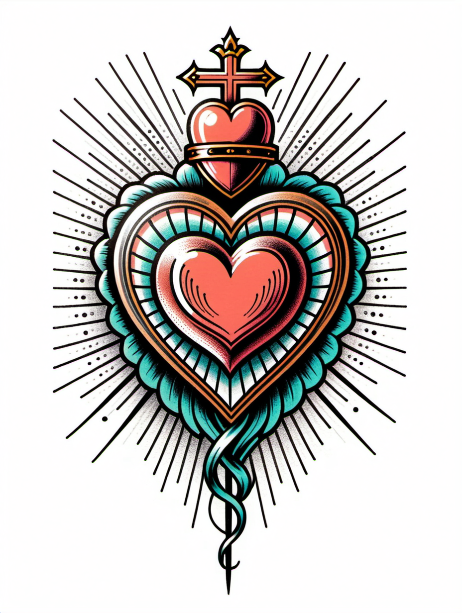Old School Tattoo Design TShirt Print with Holy Heart on White Background