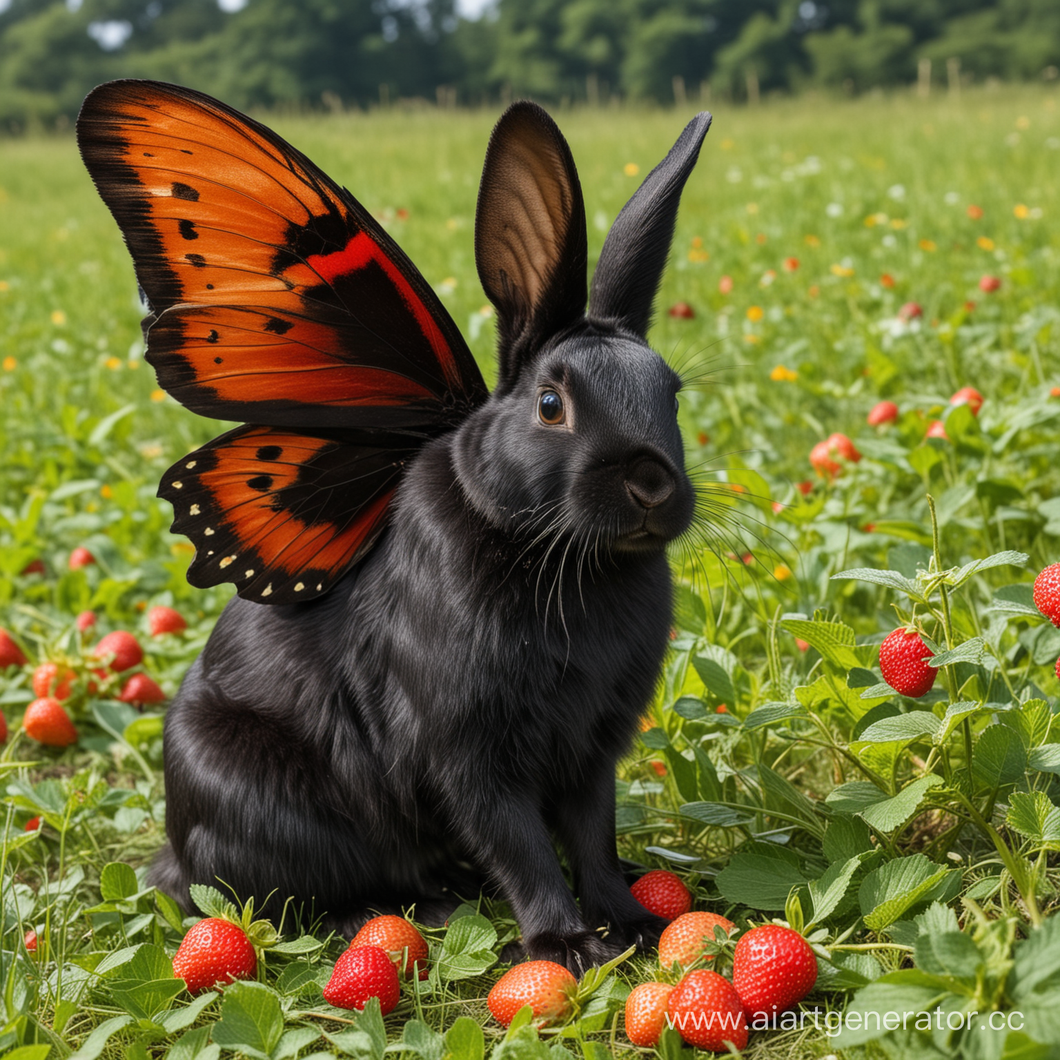 A black rabbit with wings like a Doris Heliconida butterfly. He is sitting in a meadow and chewing strawberries