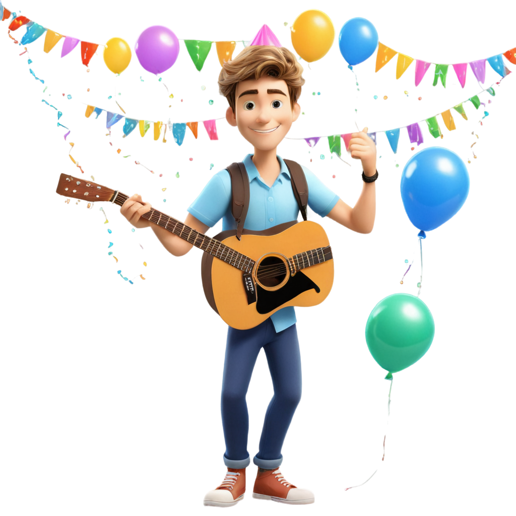 cartoon guy brown/blond hair, age 20 holding guitar, balloons and garlands in background, party