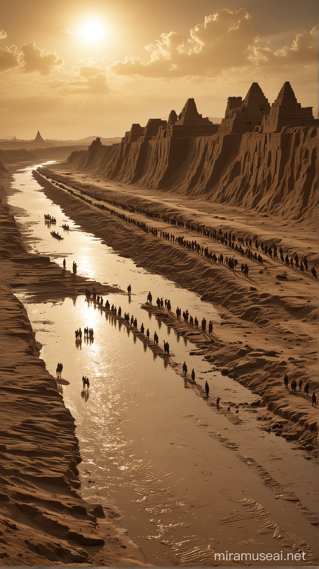 The silhouettes of ancient Sumerian cities rise along the banks of a muddy river, with depictions of the Anunnaki gods descending from the sky.
