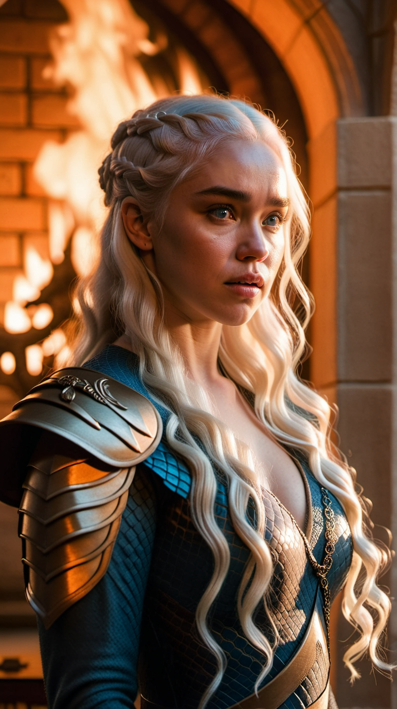 angry 
angry daenerys, dragon on shoulder, warm room, golden hour, in castle, fireplace backround,
