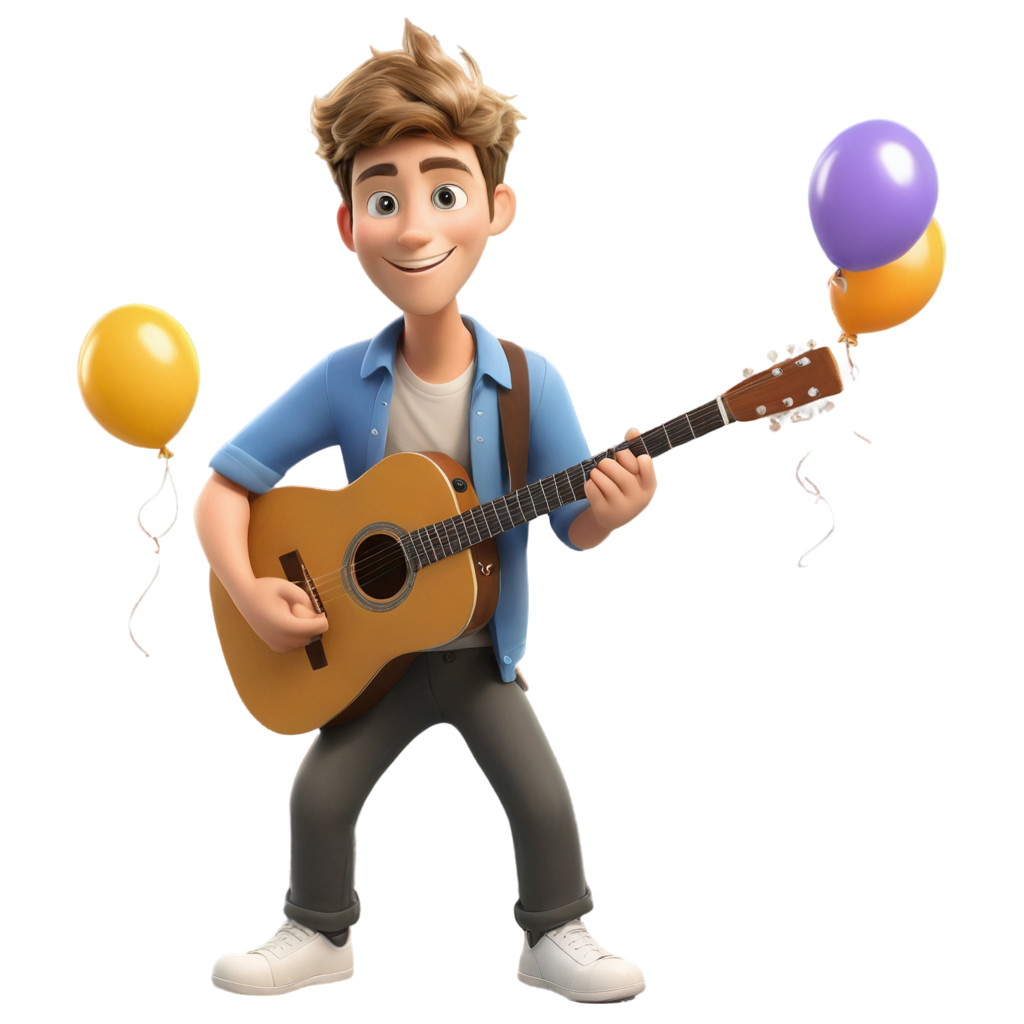 cartoon guy brown/blond hair, age 20 holding guitar, balloons and garlands in background, party