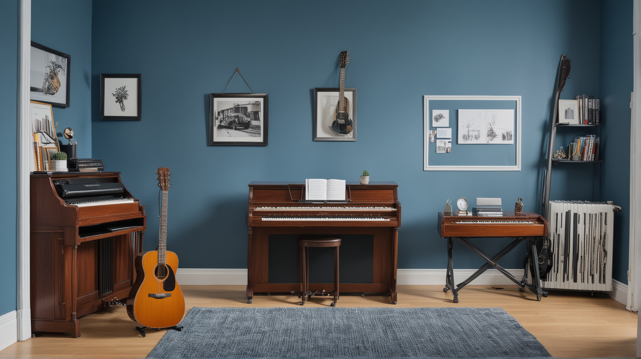 A pleasant looking office with a guitar in a stand and a piano keyboard next to it. Basic blue walls and well lit.