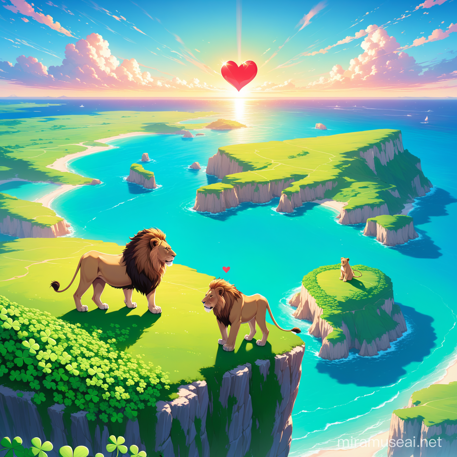 A multicolored lion and lioness on top of a cliff next to green clovers and turquoise water with a heart-shaped island